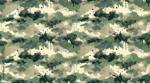 Abstract Green and Pale Yellow Camo Pattern with Grunge Style Effect. Seamless Repeatable Background