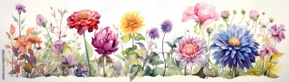 Fototapeta premium Beautiful watercolor illustration of colorful flowers in a garden, showcasing vibrant blooms and delicate leaves against a light background.