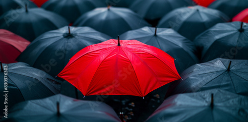 Standing Out  A Single Red Umbrella Among Many Grey Ones  Symbolizing Individuality and Uniqueness