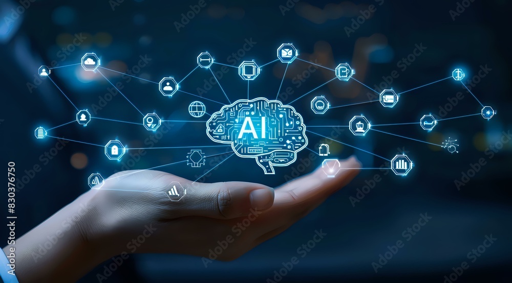Artificial intelligence concept with a glowing AI brain icon on a digital network above an open hand, symbolizing innovation and technology. Ideal for tech articles, AI research, and futuristic presen Artificial intelligence concept with a glowing AI brain icon on a digital network above an open hand, symbolizing innovation and technology. Ideal for tech articles, AI research, and futuristic presen