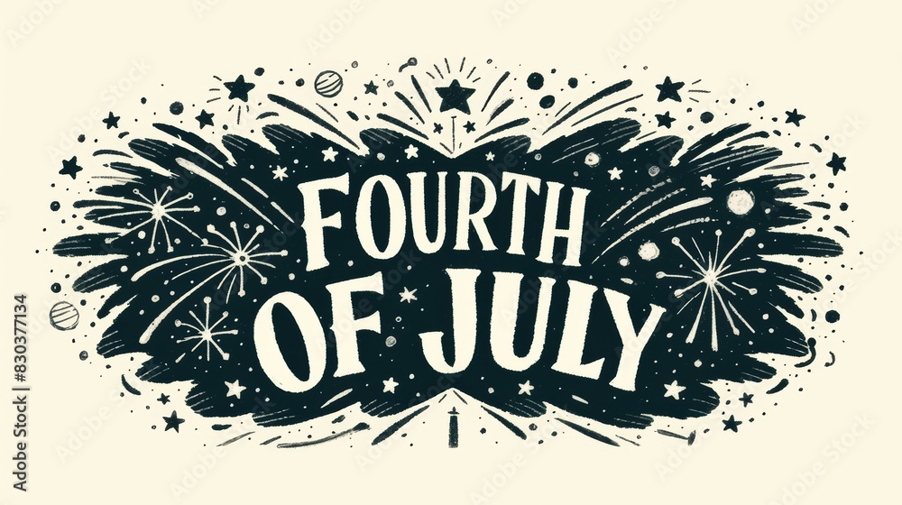 A black and white poster with large starburst design and the words Fourth of July written in a cursive style A black and white poster with large starburst design and the words Fourth of July written in a cursive style