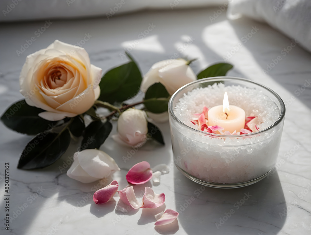 Salt in a glass bowl and a scented candle on a white marble. Concept of spa products. Salt in a glass bowl and a scented candle on a white marble. Concept of spa products.