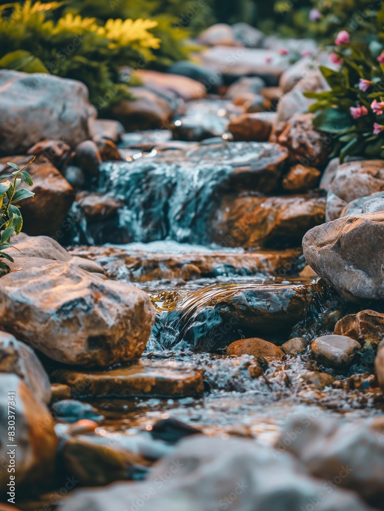 water flowing between rocks in the garden. generative AI water flowing between rocks in the garden. generative AI