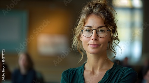 Brilliant Female Professor Captivates Students with Intricate Concepts in Grand University Hall photo