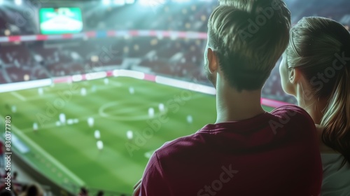 A man and woman are watching a soccer game from the stands, football fans