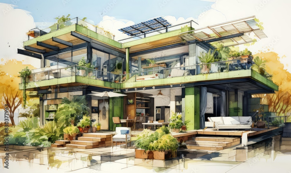 Green building with passive solar design illustration flat design top view sustainable technology theme water color Triadic Color Scheme Green building with passive solar design illustration flat design top view sustainable technology theme water color Triadic Color Scheme