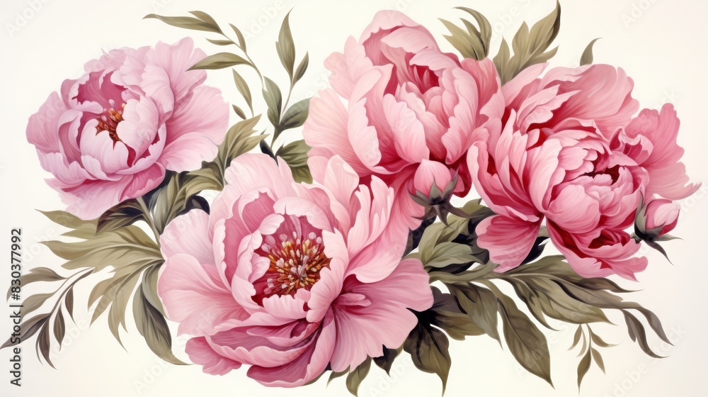 Elegant watercolor painting of vibrant pink peonies with green foliage, showcasing delicate petals and detailed botanical art.