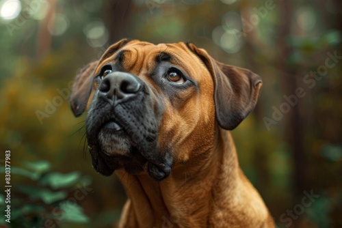 A close up of a brown dog looking up in the woods