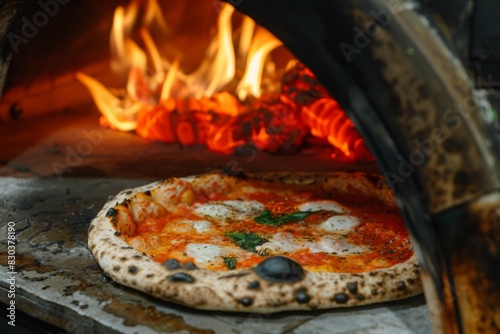 Pizza displayed on table near pizza oven, ready to eat