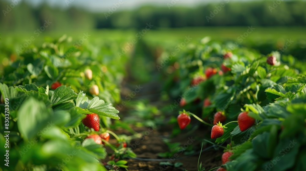 Rows of strawberry plants in a strawberry field seen from outside Rows of strawberry plants in a strawberry field seen from outside