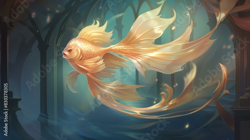 Stunning goldfish illustration in serene aquarium setting with shimmering scales and graceful fins. photo