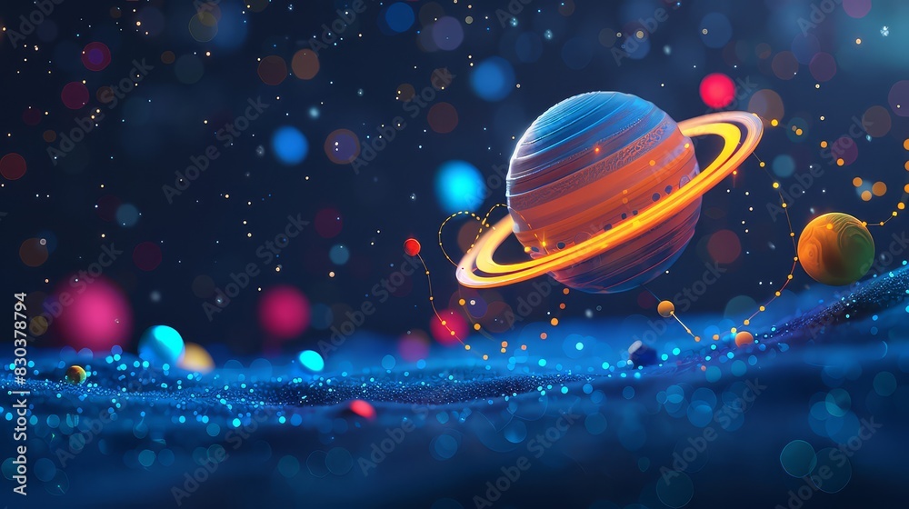 Naklejka premium Captivating orbiting planet mobile for baby room decor, high definition visuals, mesmerizing motion on clean background.