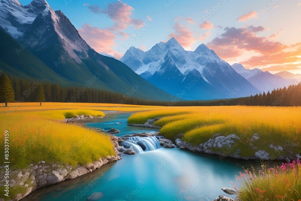 Fototapeta premium Beautiful and Peaceful Nature Scenery Illustration, Landscape, Countryside, Tranquil, Vibrant and Colorful