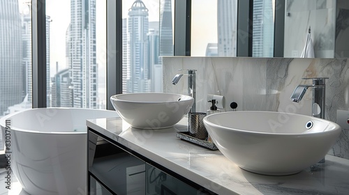 Elegant hotel bathroom interior with double sink and bathtub  stylish accessories. Generative Ai