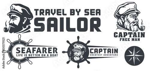 Monochrome vector set featuring sailor and captain, including marine expressions and navigational symbols for ocean enthusiasts