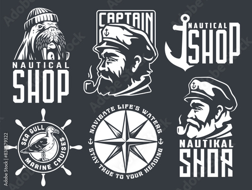 Collection of maritime emblems featuring sailor, captain, and nautical motifs perfect for logos or themed decorations