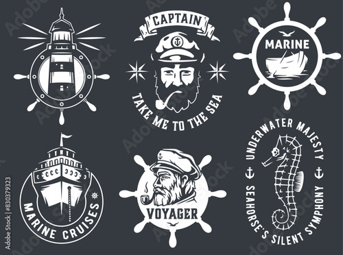 Collection of vintage nautical emblems featuring maritime symbols, a captain, and marine life