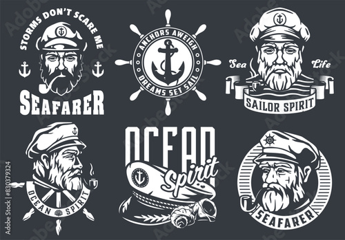 Collection of nautical designs featuring stylized captains, anchors, and bold text celebrating the seafarer life and ocean spirit