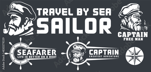 Monochrome vector set featuring sailor and captain, including marine expressions and navigational symbols for ocean enthusiasts
