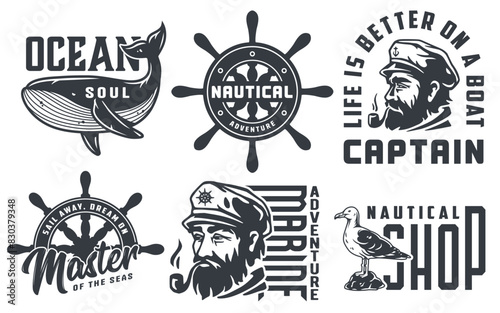 Monochrome vector design set with nautical elements, ocean emblems, and marine adventure and captain graphics for diverse applications