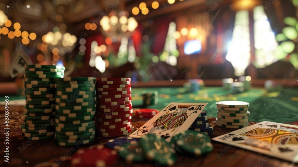 A casino table with cards and chips. Suitable for gambling and entertainment concepts