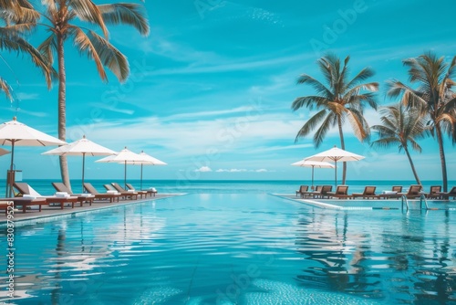 Seamless relaxation setting  empty loungers by pool leading to clear blue sea under cloudless sky