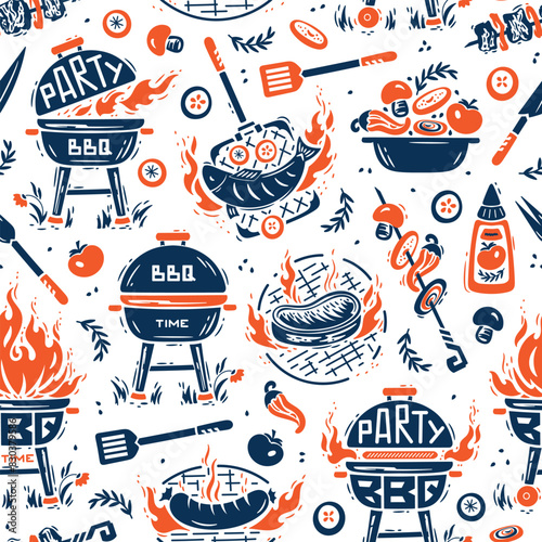 BBQ Time. Vector Seamless Food Pattern of Portable Charcoal Grill and Barbecue Meat and Vegetable. Meat Kebab or Shashlik and Barbeque Vegetable Skewer. Hand drawn.