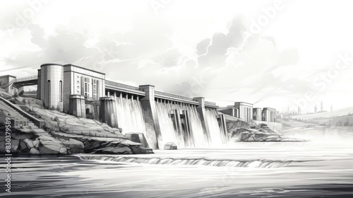 Hydroelectric power plant renewable energy illustration flat design side view clean energy theme water color black and white photo