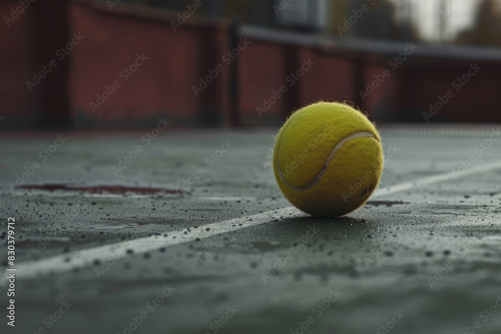 Tennis ball on wet court, suitable for sports themes