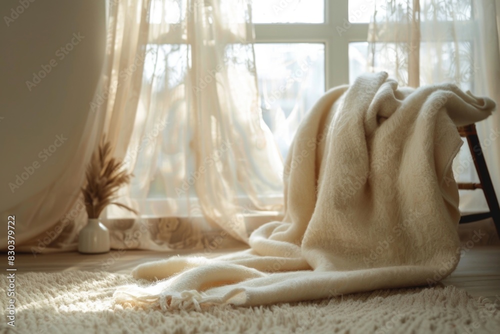 A white blanket laid on the floor next to a window. Suitable for home decor concepts A white blanket laid on the floor next to a window. Suitable for home decor concepts