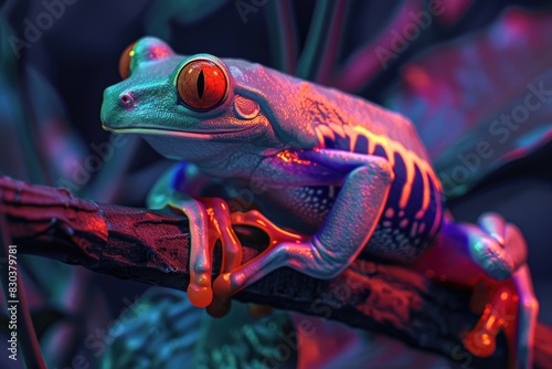 A red eyed tree frog perched on a branch, suitable for nature and wildlife themes