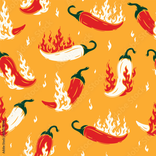 Seamless Pattern of Red Chili Pepper with Fire Flames. Hot Chilli Taste. Spicy Food. Hand drawn. Vector illustration.