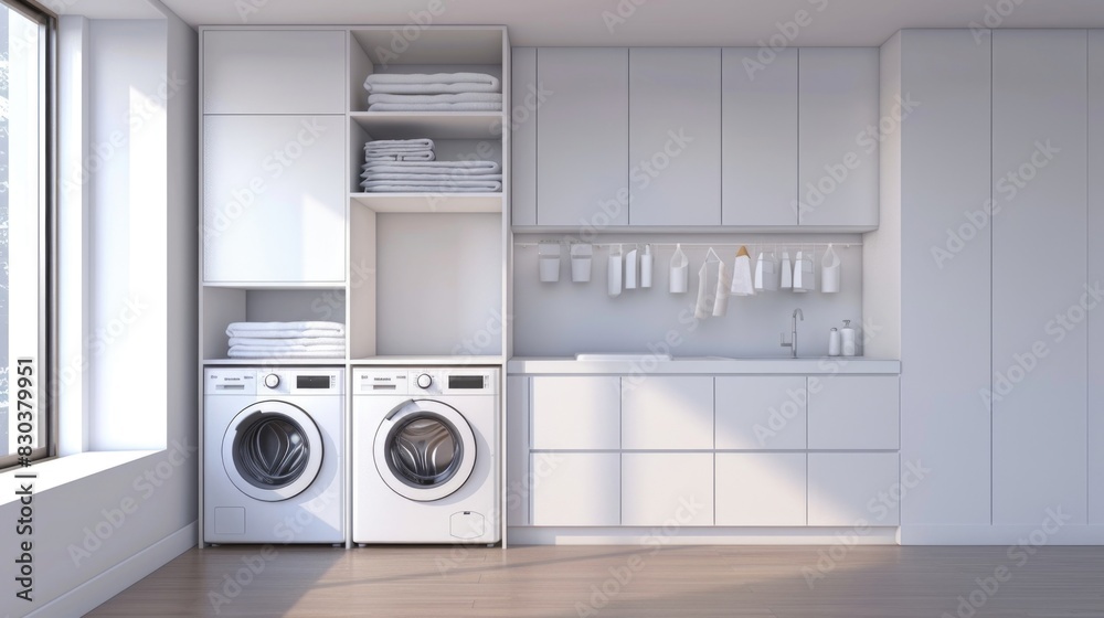 A clean and organized laundry room with essential appliances A clean and organized laundry room with essential appliances