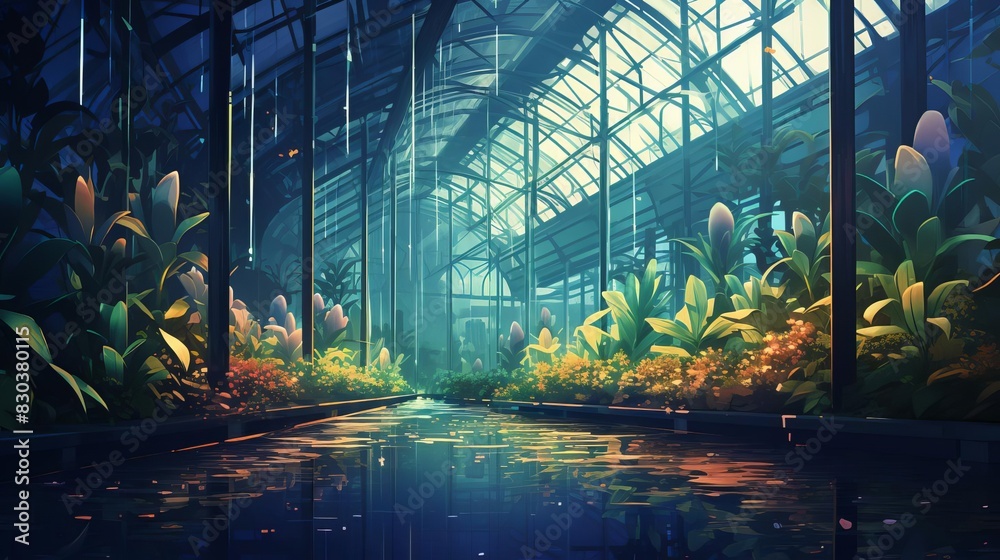 Cybernetic plants in a greenhouse, growing amidst digital rain and electric sunlight Cybernetic plants in a greenhouse, growing amidst digital rain and electric sunlight