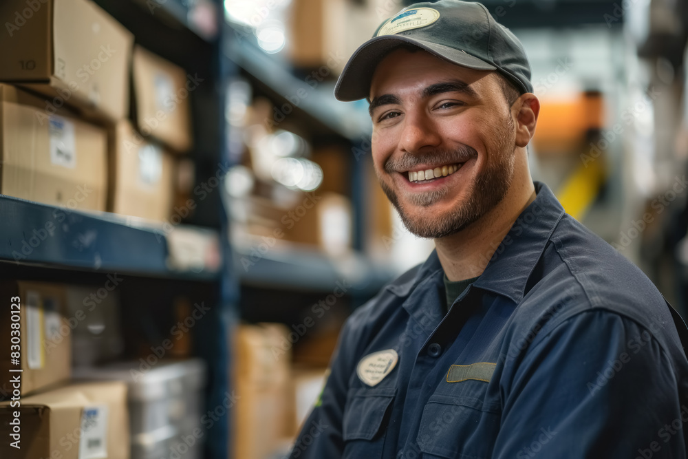 happy worker in warehouse, close-up portrait of smiling employee happy worker in warehouse, close-up portrait of smiling employee