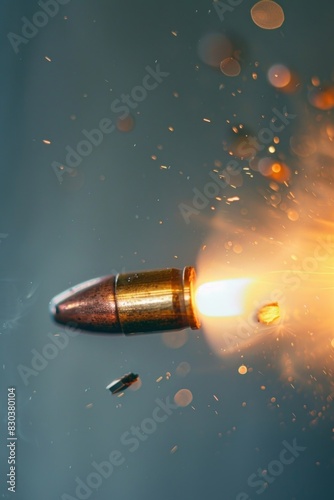 Close-up shot of a bullet on a blue background. Suitable for military, weapons, security concepts © Ева Поликарпова