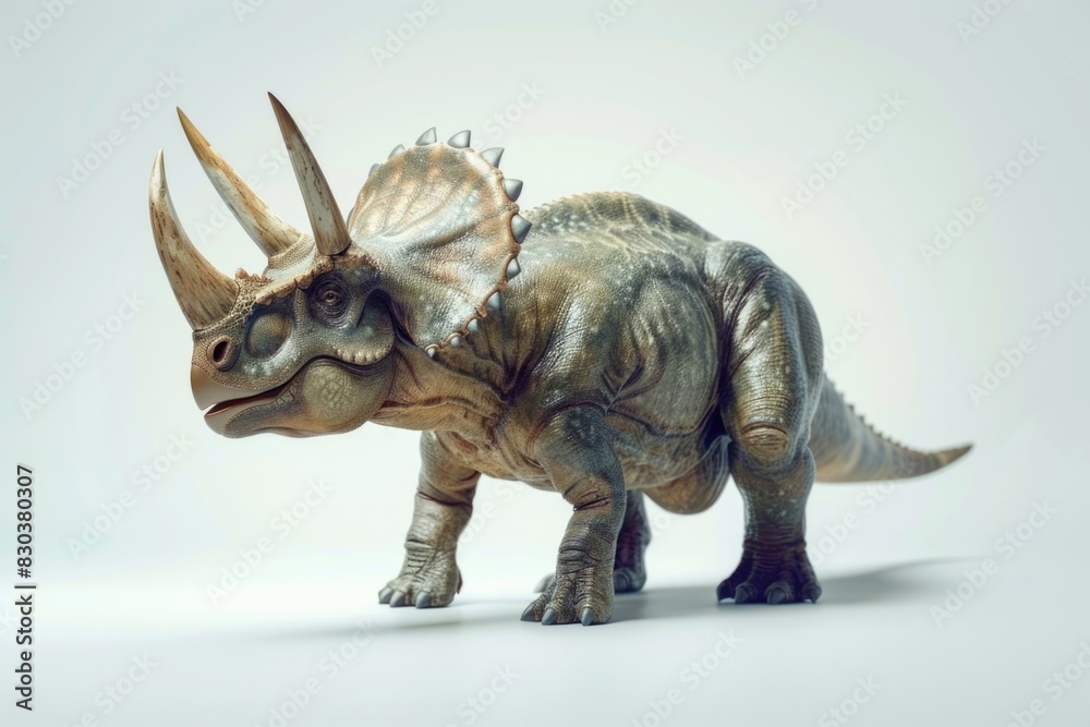 Toy tricerasaurus figurine standing on a white background, suitable for educational or playful designs Toy tricerasaurus figurine standing on a white background, suitable for educational or playful designs