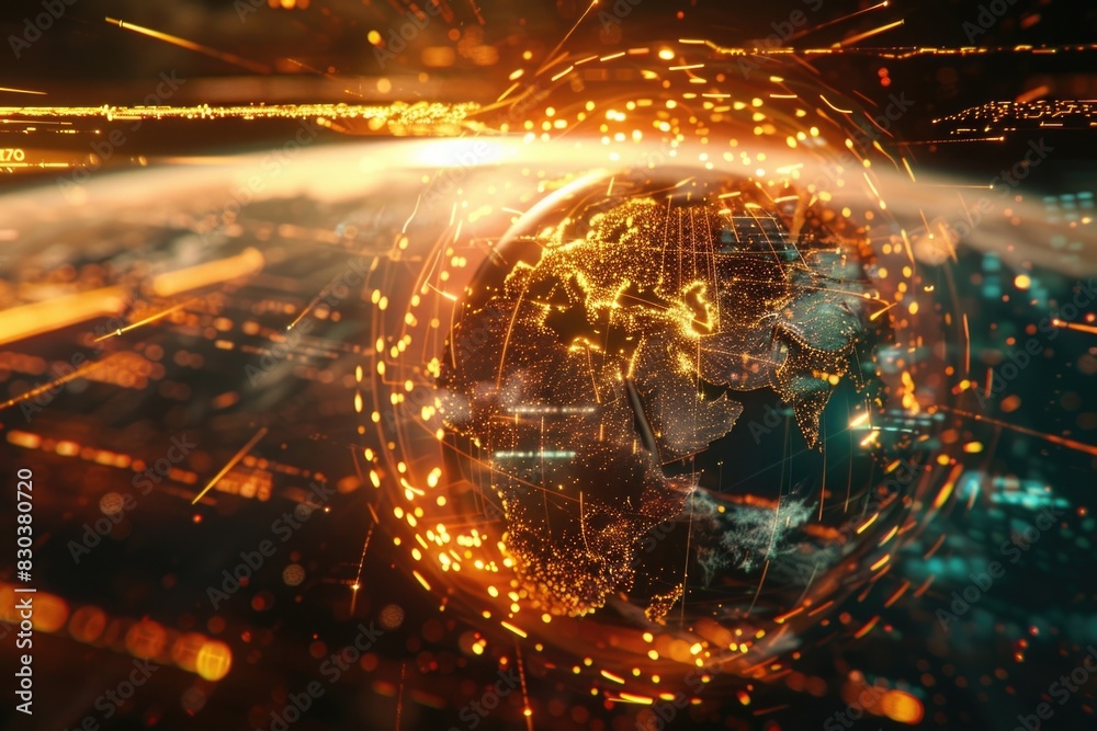 Obraz premium A digital image of a globe surrounded by lights. Ideal for technology and global concept designs