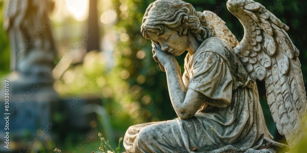 A serene angel statue in a peaceful cemetery setting. Ideal for memorial or religious themes A serene angel statue in a peaceful cemetery setting. Ideal for memorial or religious themes