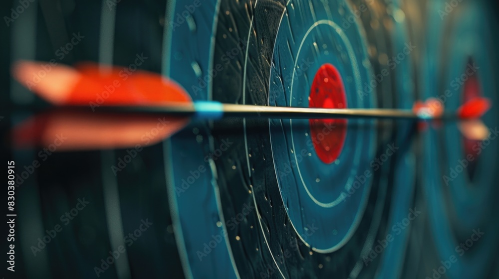 A red arrow centered on a blue target. Ideal for business and marketing concepts A red arrow centered on a blue target. Ideal for business and marketing concepts