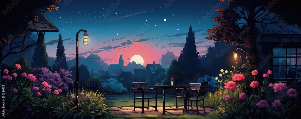 Fototapeta premium Outdoor LED garden lighting illustration flat design front view night scene theme animation vivid