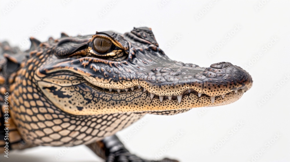 Fototapeta premium Close up of a toy alligator on a white surface. Suitable for children's toys concept