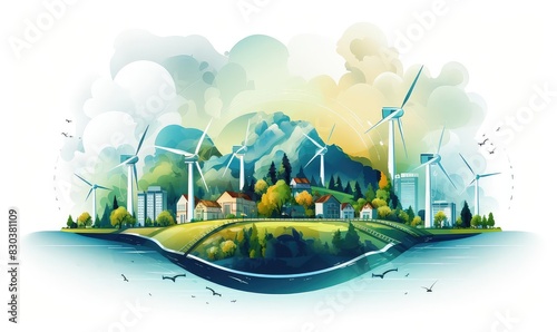 Renewable energy smart grid illustration flat design top view futuristic theme water color Triadic Color Scheme