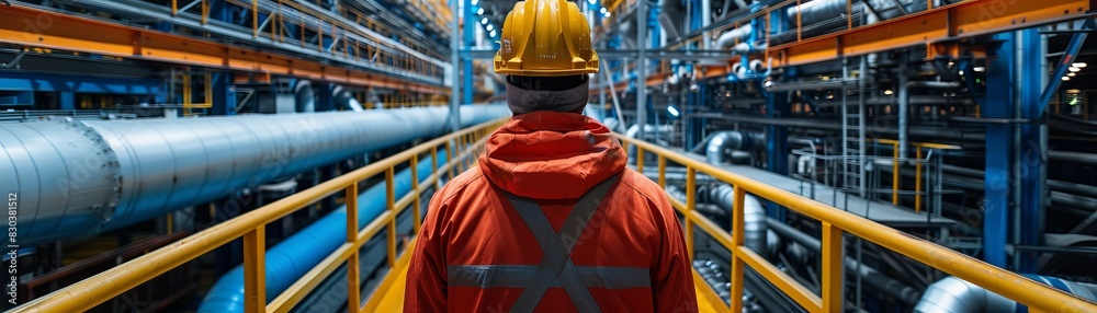 Fototapeta premium A man in a yellow helmet and orange jacket is walking through a large industrial building. Concept of caution and safety, as the man is wearing a hard hat and reflective vest