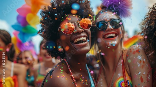 Two women are smiling and wearing colorful clothing and sunglasses. They are surrounded by a group of people, and there are many colorful decorations in the background. Scene is joyful and celebratory