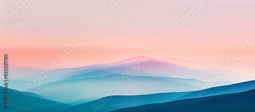 A beautiful mountain range with a pink and blue sky. The mountains are covered in trees and the sky is filled with clouds. The scene is peaceful and serene