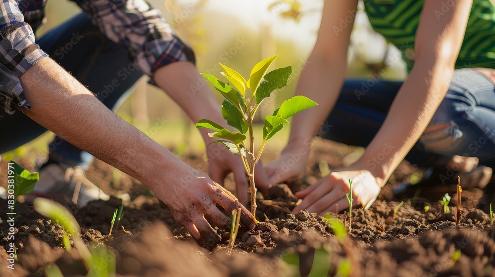 Fototapeta premium Close-up of two people planting a young tree in fertile soil, symbolizing environmental conservation, teamwork, and growth.