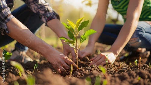 Close-up of two people planting a young tree in fertile soil  symbolizing environmental conservation  teamwork  and growth.