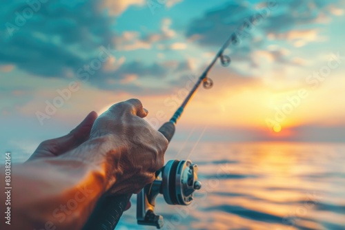 A person holding a fishing rod on a boat. Suitable for outdoor and recreational themes