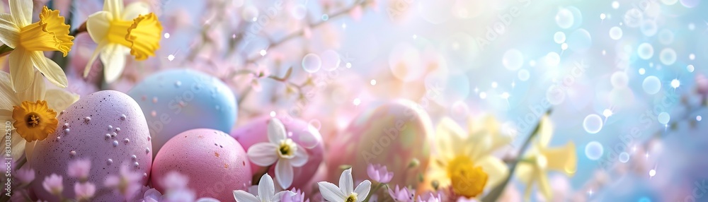 Pastel Easter Scene with Colorful Eggs and Daffodils Pastel Easter Scene with Colorful Eggs and Daffodils